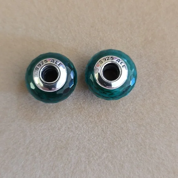 2pc Pandora Turquoise / Sea Green Glass Faceted Charm Beads - Picture 5 of 5